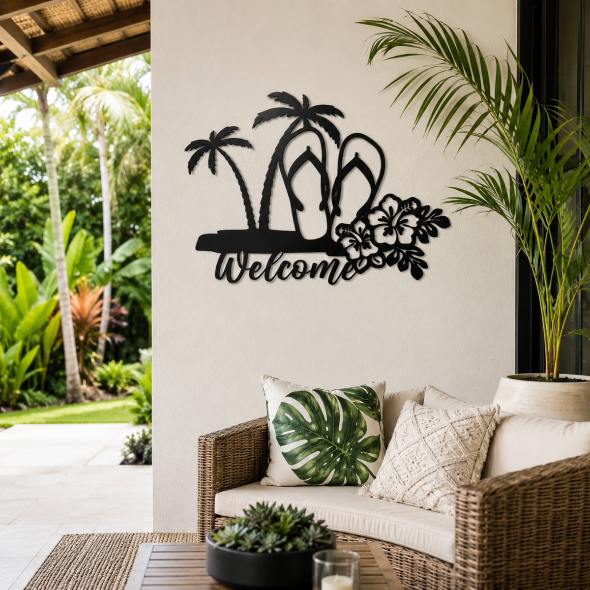 Tropical Welcome Metal Wall Art – Palm Tree & Flip Flop Decor