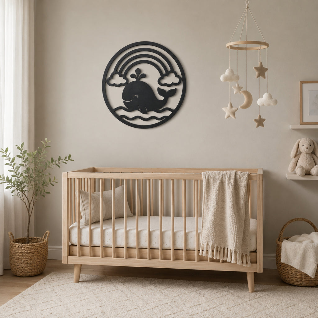 A light natural wood crib in a styled nursery setting, featuring a black metal whale and rainbow wall art piece on the beige wall above it, a hanging cloud and star mobile, and a small plush bunny on a shelf.