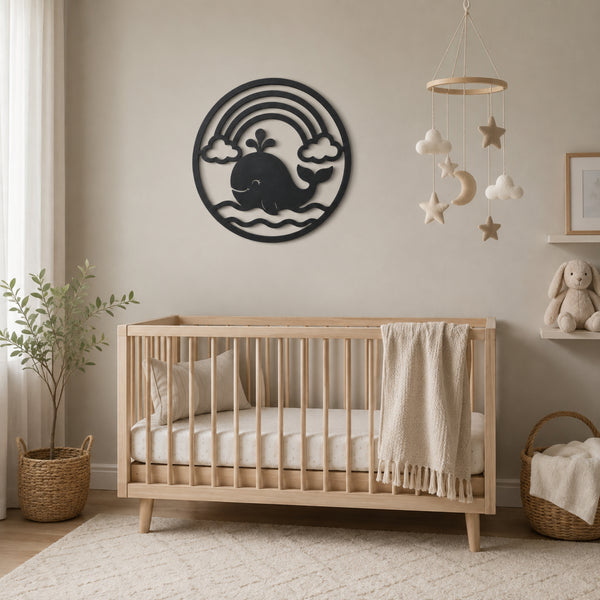 A light natural wood crib in a styled nursery setting, featuring a black metal whale and rainbow wall art piece on the beige wall above it, a hanging cloud and star mobile, and a small plush bunny on a shelf.