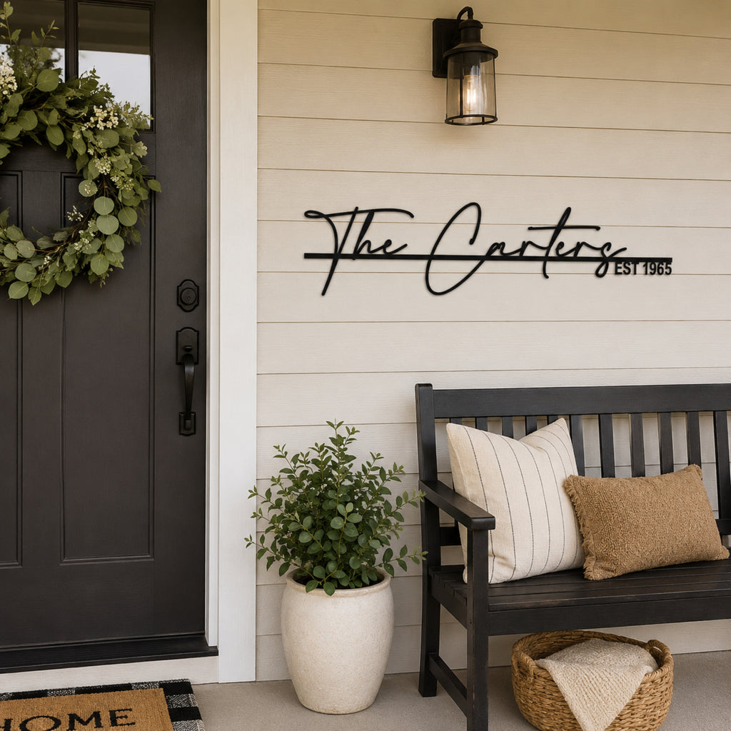 Black metal script wall art reading 'The Carters Est 1955' mounted on a beige wood-paneled wall on a front porch, next to a dark bench with pillows, a potted plant, and a dark door with a wreath.