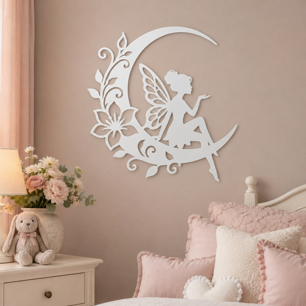 Fairy on Crescent Moon Metal Wall Art – Floral Fairy Wall Decor