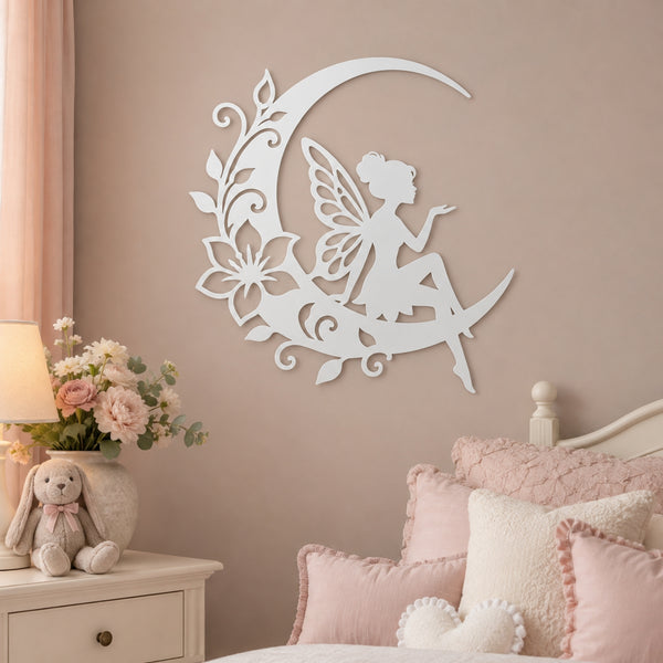 Fairy on Crescent Moon Metal Wall Art – Floral Fairy Wall Decor