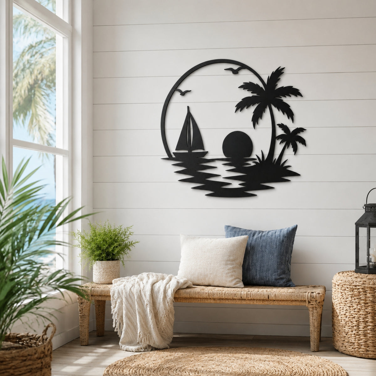 Tropical Sailboat Sunset Metal Wall Art – Palm Tree Coastal Decor