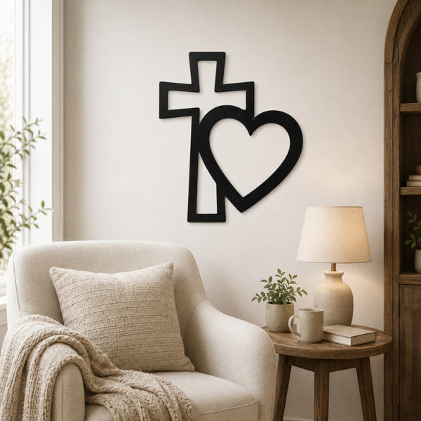 Cross & Heart Metal Wall Art – Christian Faith Love Decor