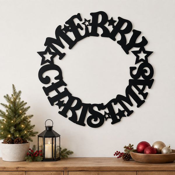 Merry Christmas Wreath Metal Wall Art – Holiday Star Christmas Decor
