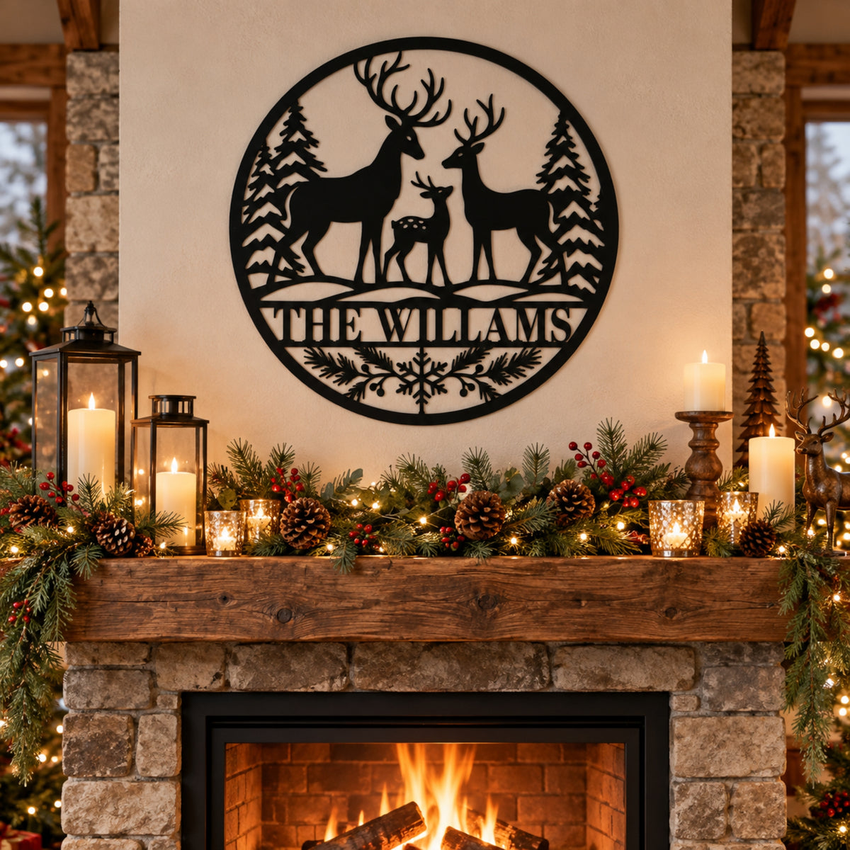 Personalized Deer Family Christmas Metal Sign – Custom Last Name Holiday Decor