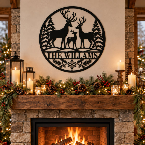 Personalized Deer Family Christmas Metal Sign – Custom Last Name Holiday Decor