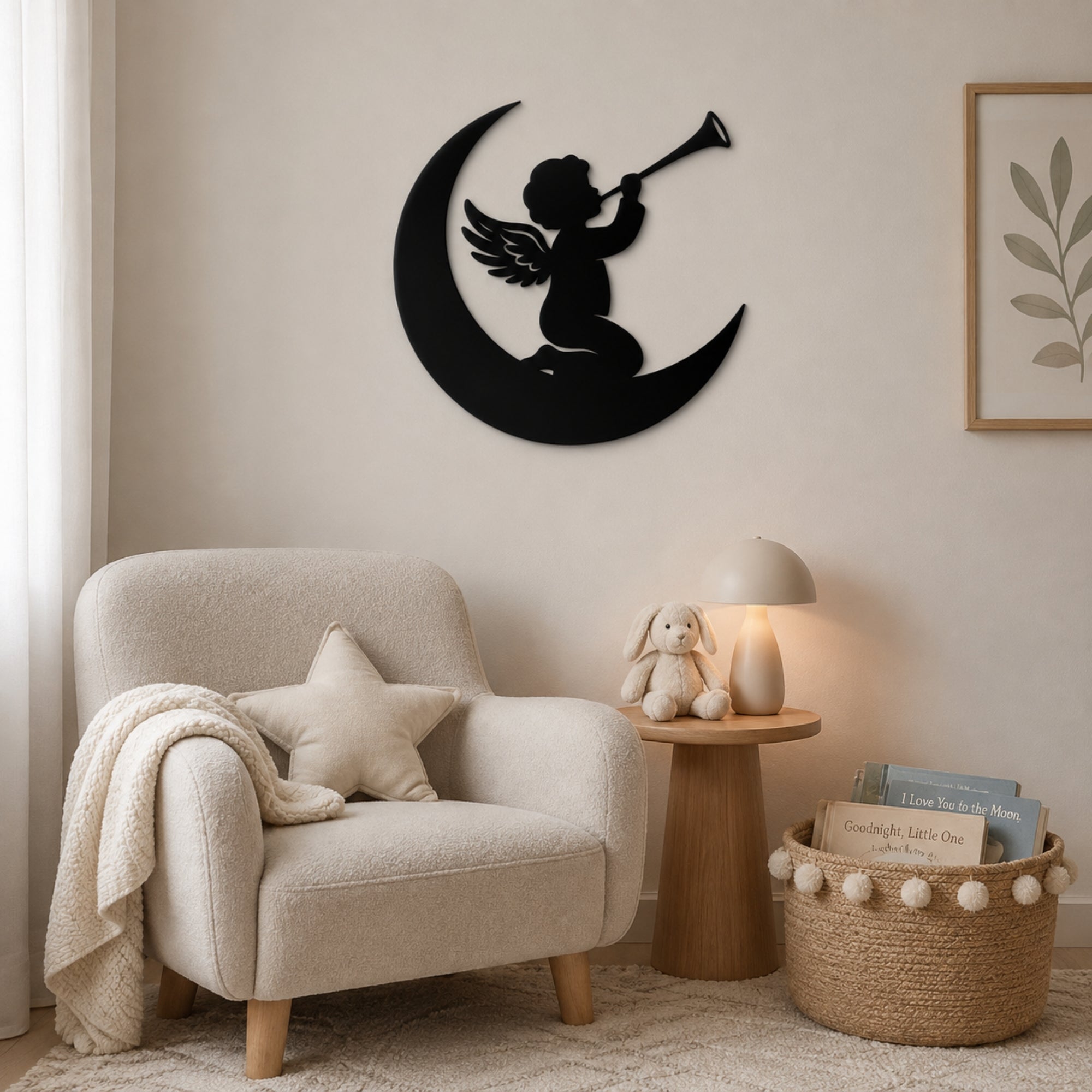 Angel on Moon Metal Wall Art – Celestial Nursery Decor