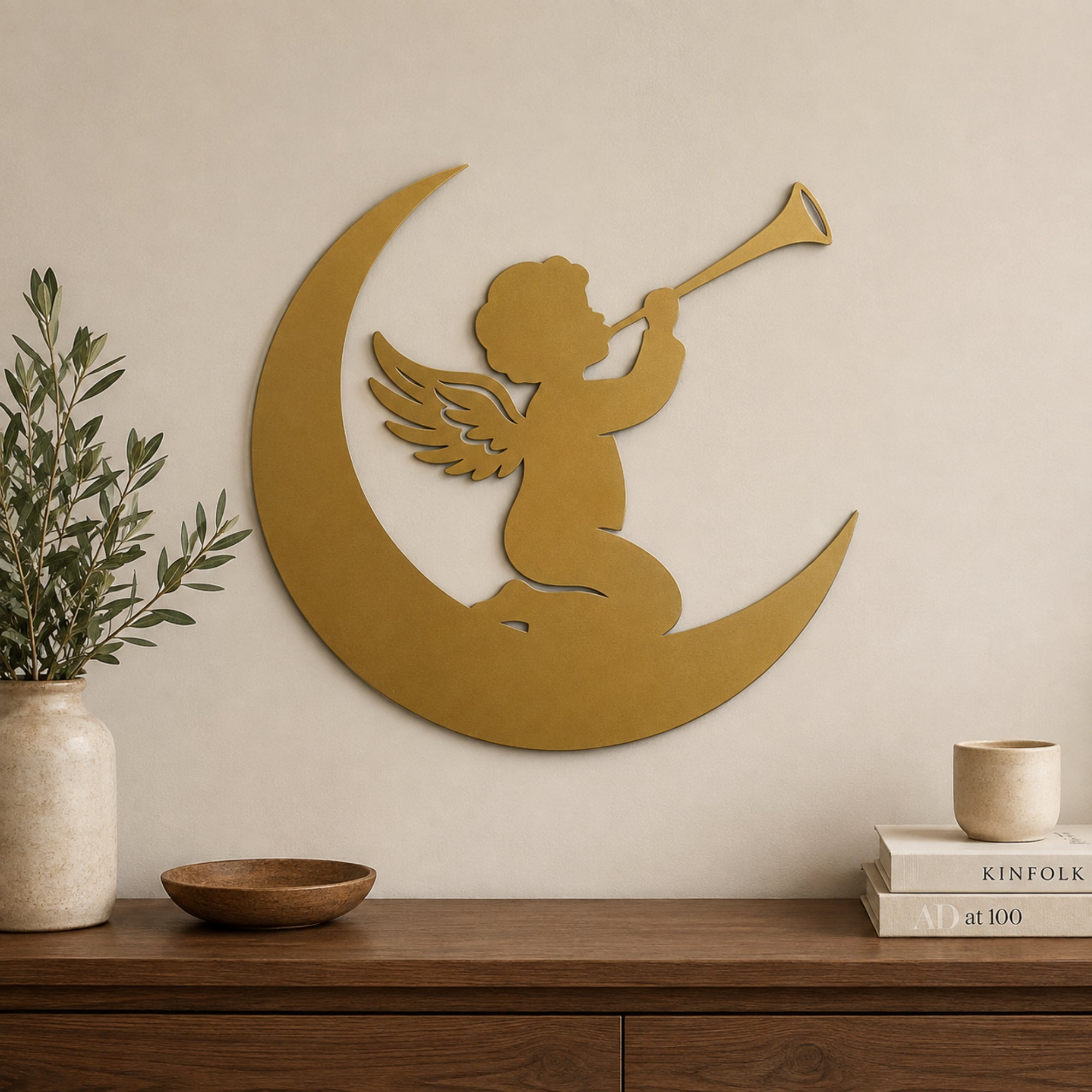 Angel on Moon Metal Wall Art – Celestial Nursery Decor