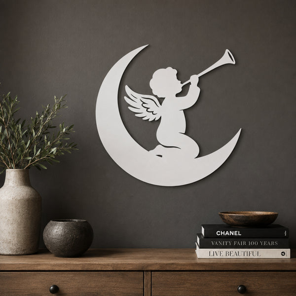 Angel on Moon Metal Wall Art – Celestial Nursery Decor