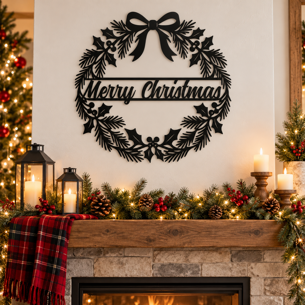 Personalized Christmas Wreath Metal Sign – Custom Family Name Holiday Decor