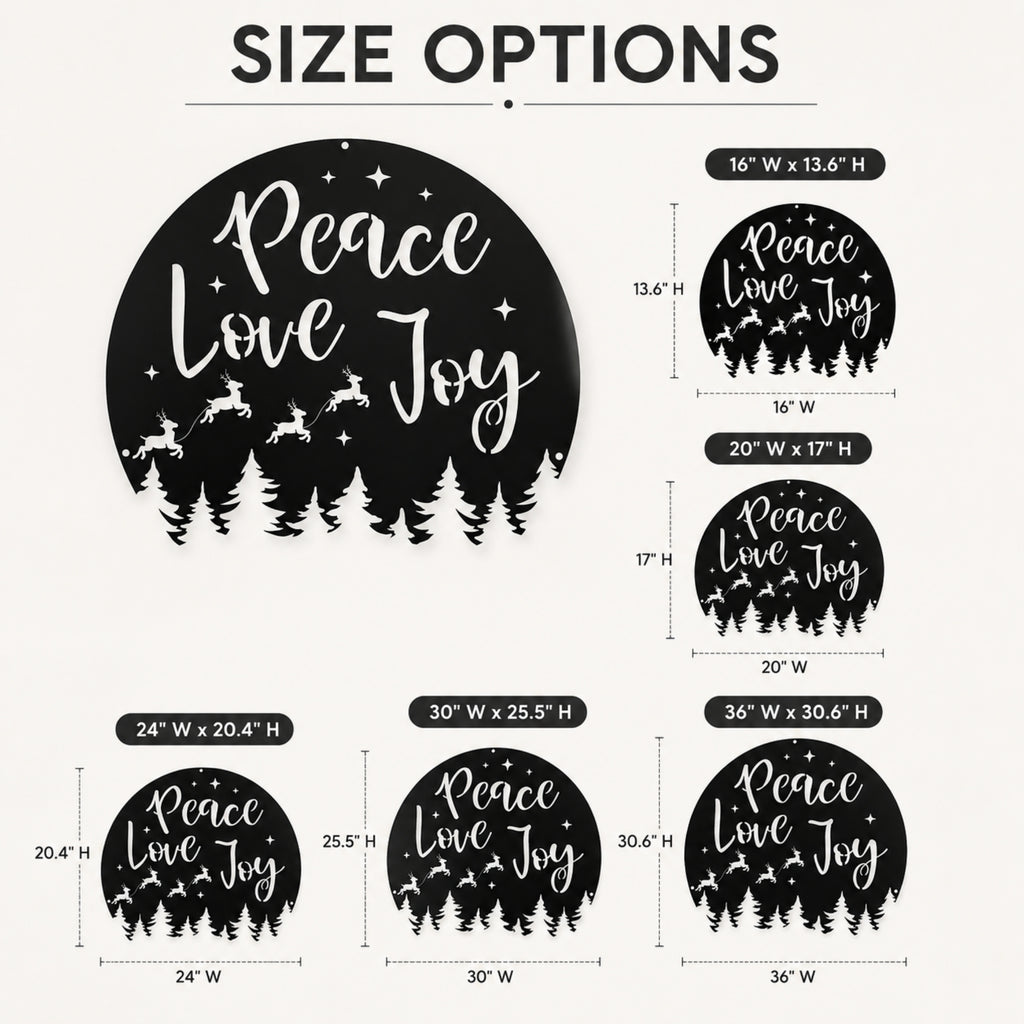 Peace Love Joy Christmas Metal Wall Art – Reindeer & Pine Tree Holiday Sign