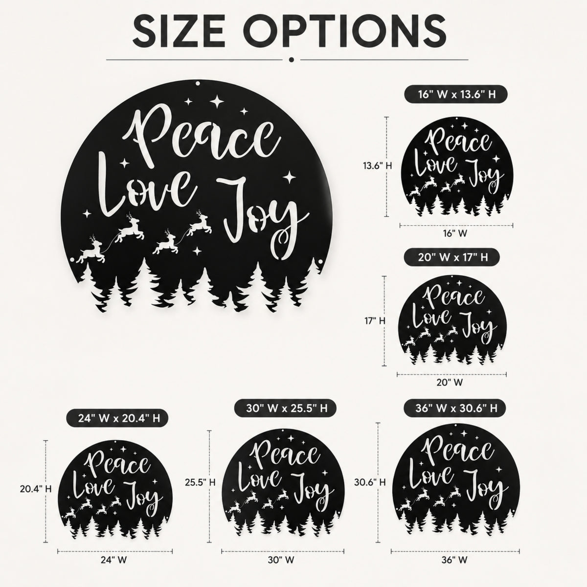Peace Love Joy Christmas Metal Wall Art – Reindeer & Pine Tree Holiday Sign